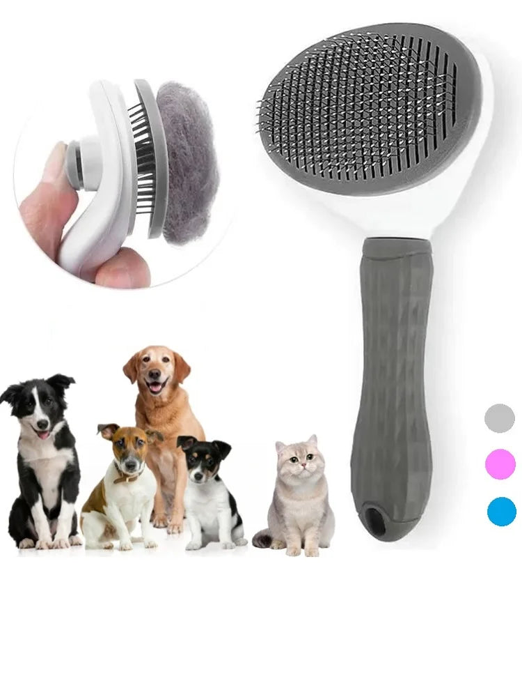 Pet grooming brush with a close-up of bristles, surrounded by dogs and cats on a white background.