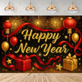 A festive New Year backdrop design with the words 'Happy New Year' in large gold script over a black background filled with fireworks, red lanterns, balloons, ribbons, stars, gift boxes, and hanging pendant lights. The scene is shown as a staged interior with a wood floor and ceiling.