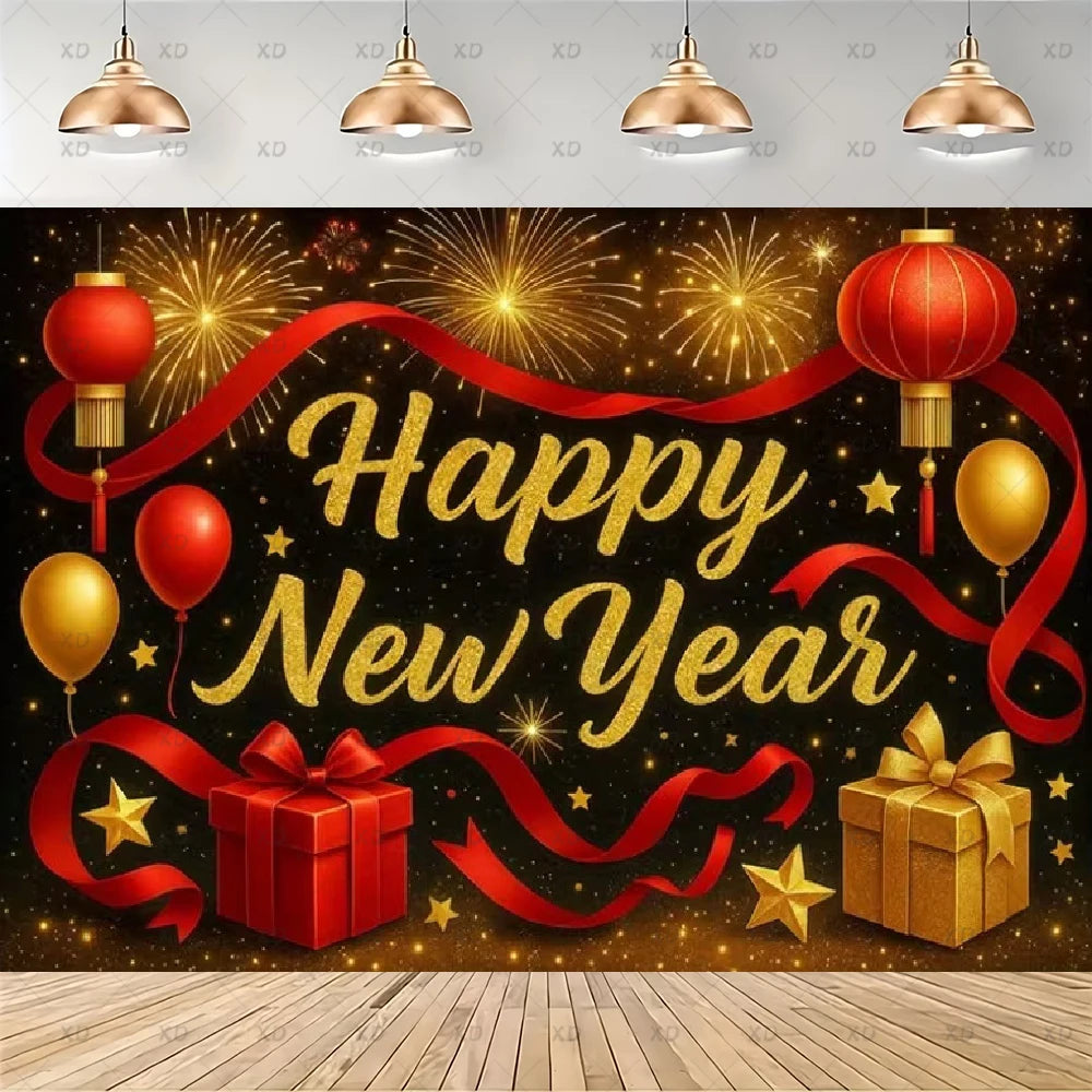 A festive New Year backdrop design with the words 'Happy New Year' in large gold script over a black background filled with fireworks, red lanterns, balloons, ribbons, stars, gift boxes, and hanging pendant lights. The scene is shown as a staged interior with a wood floor and ceiling.