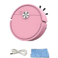 Pink robot vacuum cleaner with a cable and cleaning pad on a white background