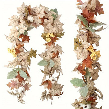Autumn Pumpkin Garland Artificial Maple Leaf and Berry Rattan for Wedding, Thanksgiving, and Farmhouse Decoration Foliage Decor