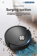 Robotic vacuum cleaner with text about surging suction on a light background