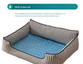 Pet bed with striped exterior and blue interior on a white background