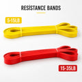 Yellow and red resistance bands with weight ranges on a white background