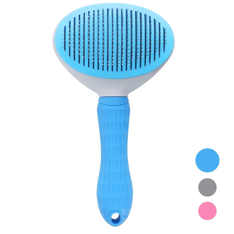 Blue pet grooming brush on a white background with color swatches.
