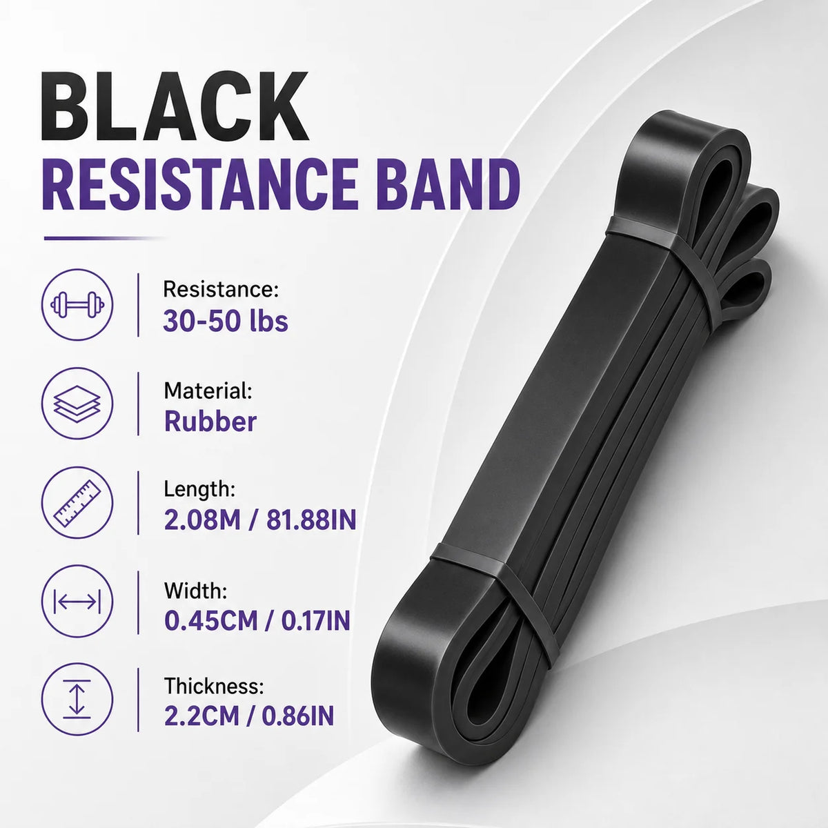 Black resistance band with specifications on a white background