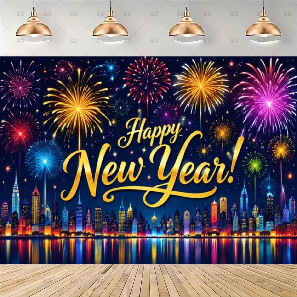 A New Year's Eve party backdrop banner featuring a vibrant fireworks and city skyline scene with 'Happy New Year!' written in gold script. The banner is shown hanging on a wall in a room mockup with hanging pendant lights above and a wooden floor below.