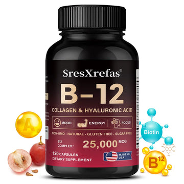 Vitamin B12 with Collagen,  Hyaluronic Acid - Supports Energy, Focus, Mood, Nervous System & Immune Health, Relieves Fatigue