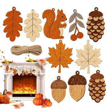 Fall Thanksgiving Wooden Garland Decor Squirrel Acorn Leaves Wood Pendant Farmhouse Wall Hanging Ornament for Fireplace Mantel