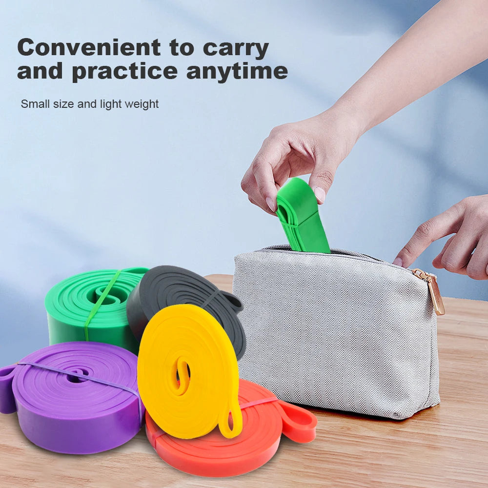 Hand placing a green resistance band into a gray bag with text about convenience and portability.