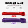 Red and purple resistance bands with specifications on a white background