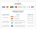 Payment and shipping options screen with various payment methods and shipping choices listed.