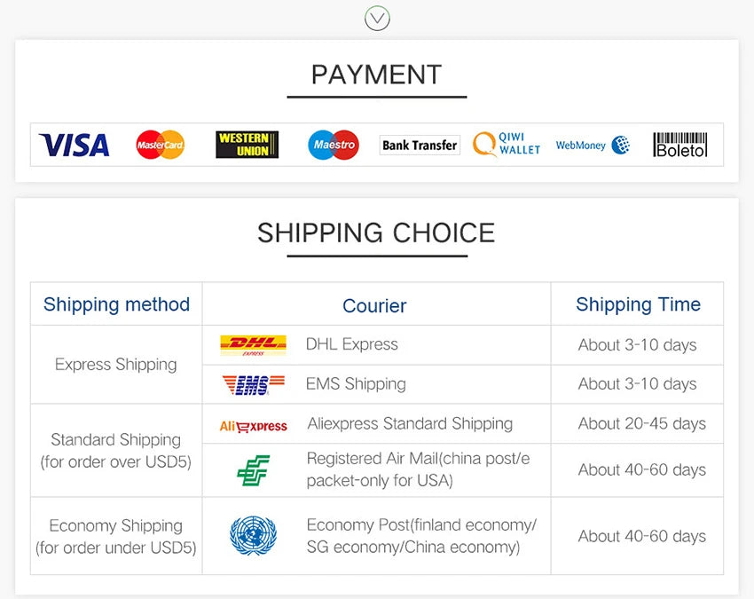 Payment and shipping options screen with various payment methods and shipping choices listed.