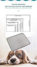 Dog lying on a mat with product dimensions displayed above
