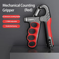 Red and black mechanical counting gripper on a dark background with text detailing features.