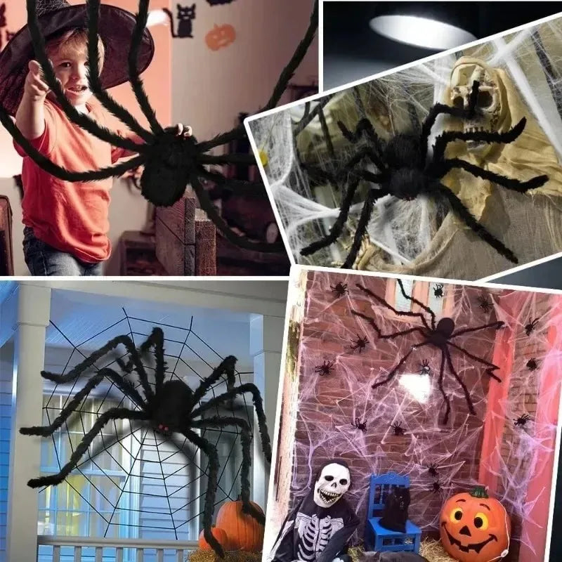 Collage of Halloween decorations featuring large black spiders and spider webs.