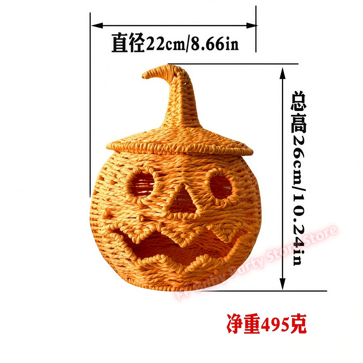 A woven pumpkin-shaped decorative container or planter with a pointed hat, shown on a white background with dimension arrows and text indicating diameter 22 cm, height 26 cm, and weight 495 g.