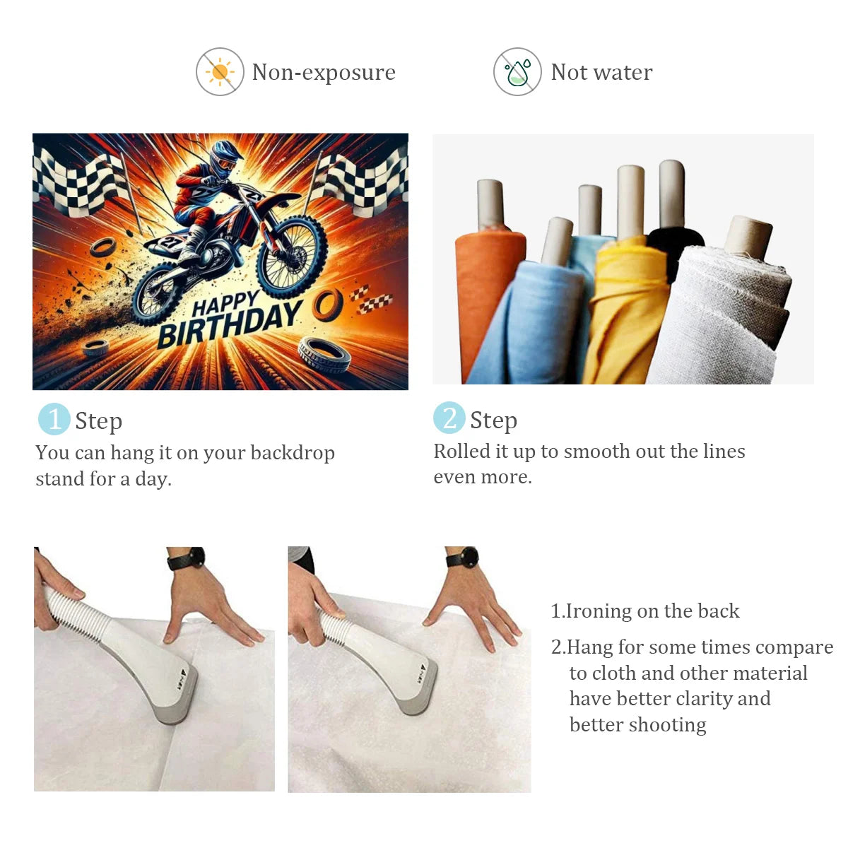 An informational product graphic showing a motocross-themed birthday backdrop along with usage and care instructions. The left panel displays the printed backdrop design with a dirt bike racer and 'Happy Birthday' text.