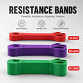 Three resistance bands in red, purple, and green with weight ranges on a white background.