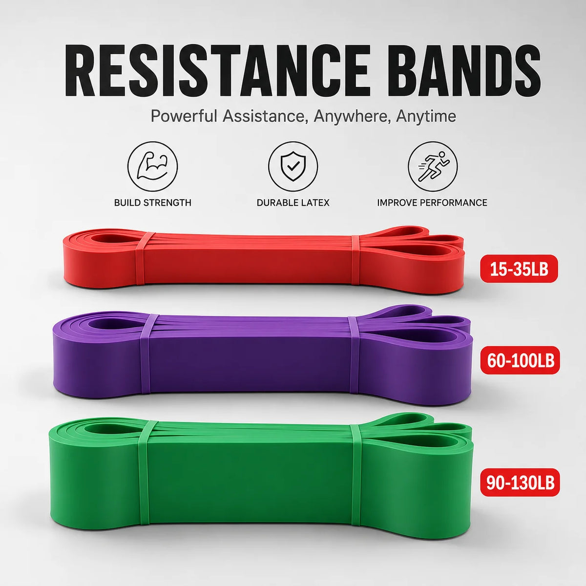 Three resistance bands in red, purple, and green with weight ranges on a white background.