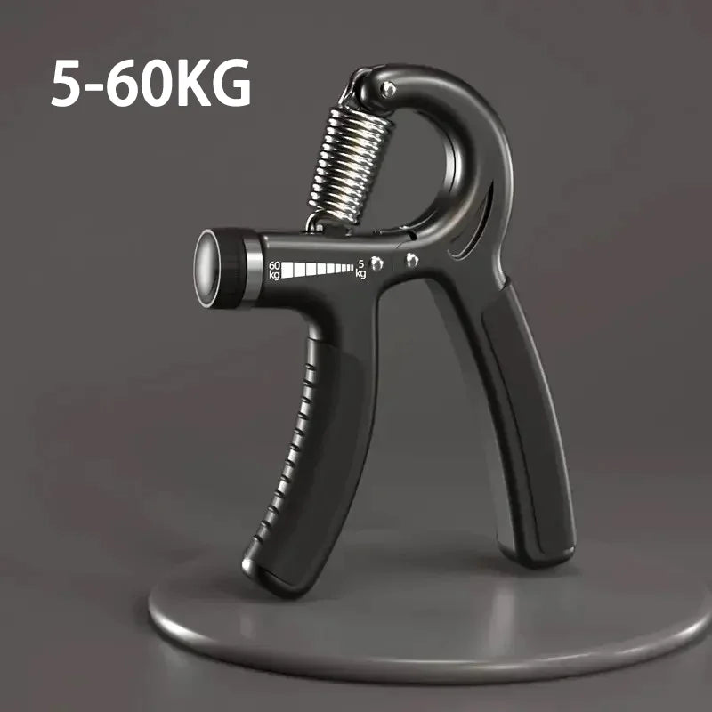 Black hand grip strengthener with weight capacity indicator on a dark background