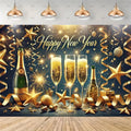 A festive New Year party backdrop featuring 'Happy New Year' in gold script over three champagne flutes, two champagne bottles, gold stars, ribbons, and confetti on a dark blue background, with a wooden floor and hanging pendant lights above.