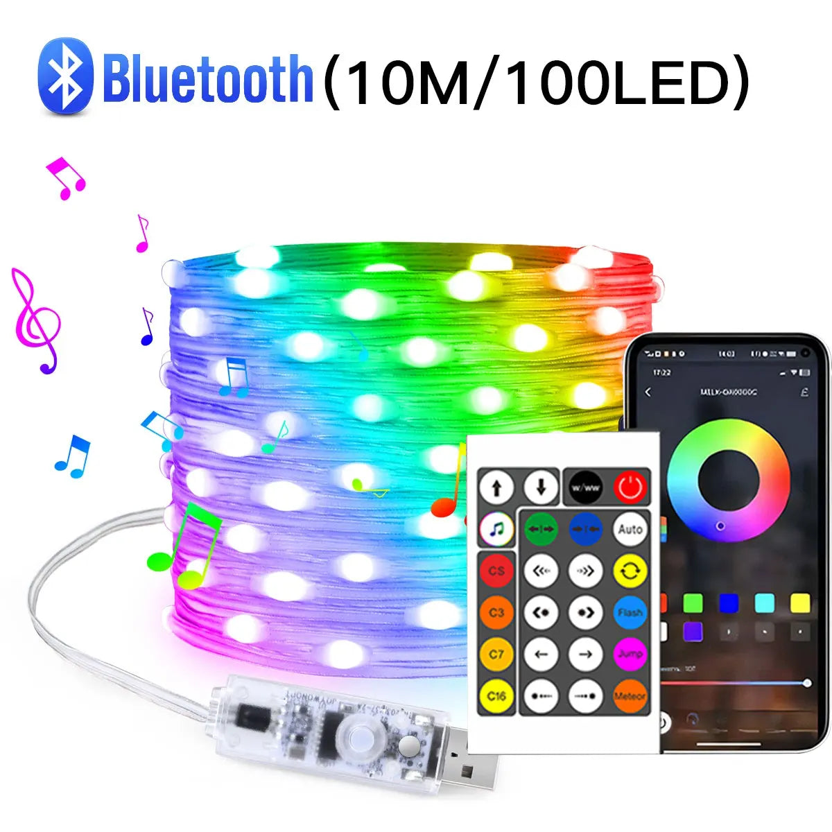RGB LED strip light with Bluetooth control, remote, and smartphone app on a white background