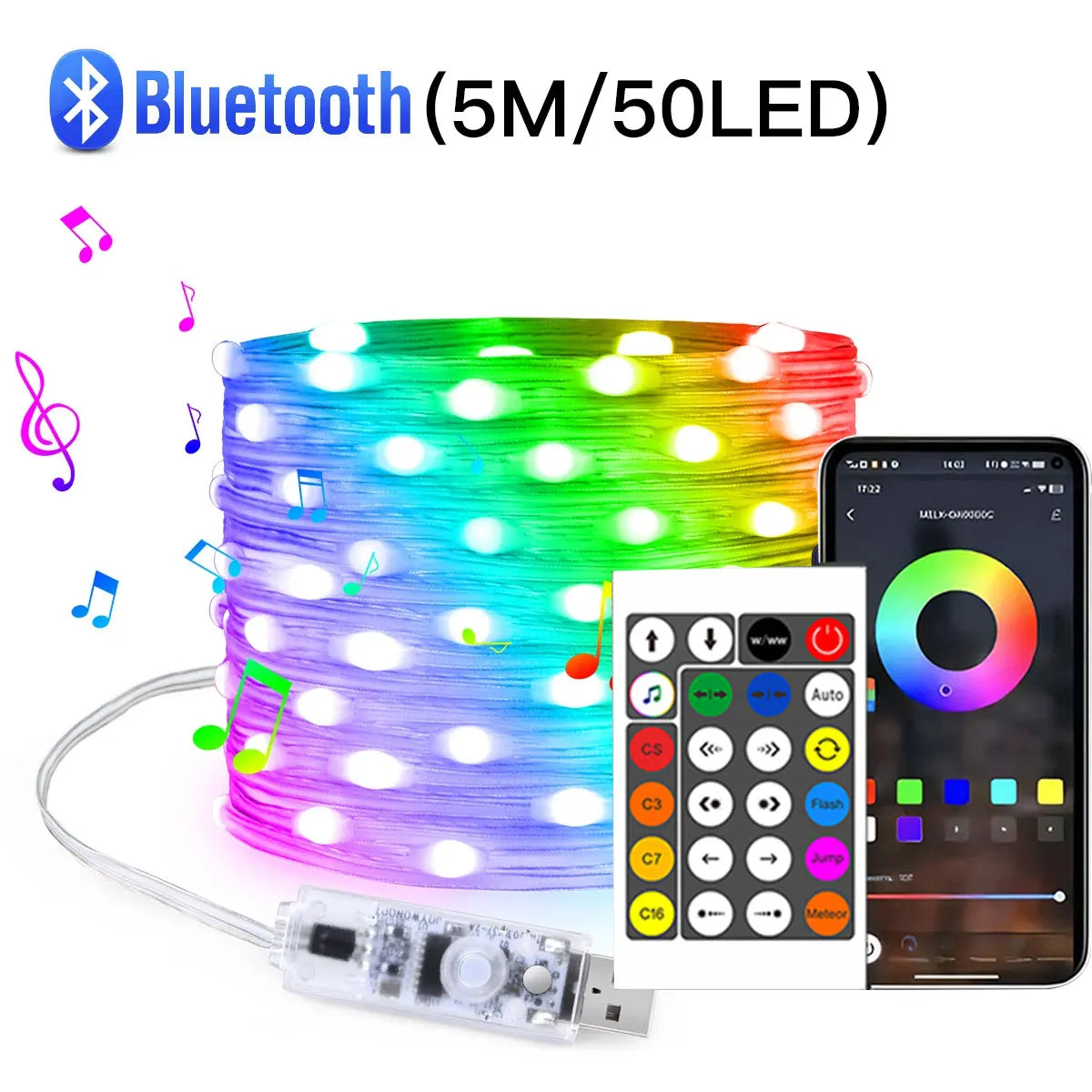 RGB LED strip light with Bluetooth control, remote, and smartphone app on a white background