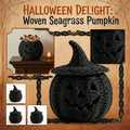 Black woven seagrass pumpkin lantern with a pointed witch hat lid, shown on a warm brown Halloween-themed background with inset photos and the text 'HALLOWEEN DELIGHT: Woven Seagrass Pumpkin'.