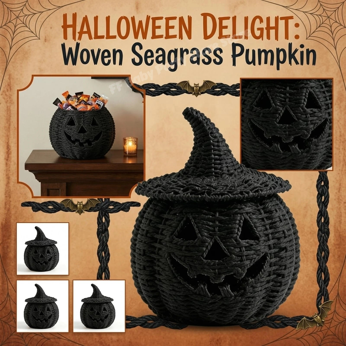 Black woven seagrass pumpkin lantern with a pointed witch hat lid, shown on a warm brown Halloween-themed background with inset photos and the text 'HALLOWEEN DELIGHT: Woven Seagrass Pumpkin'.
