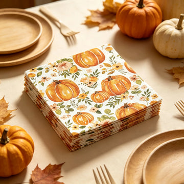 Thanksgiving Pumpkin Floral Paper Napkins Disposable Fall Autumn Themed Napkin for Harvest Party Table Decor Dinner Supplies