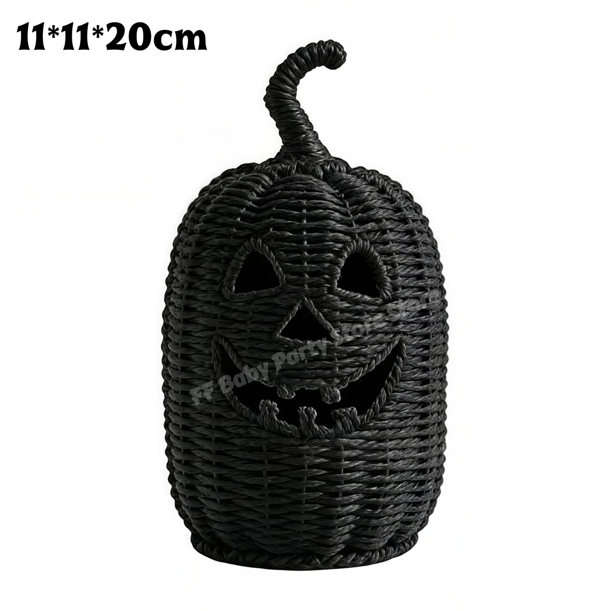 Black woven pumpkin-shaped basket with carved jack-o'-lantern face and a curled stem, shown on a white background with size text '11*11*20cm' in the top left.