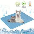 Cooling pad for pets with two dogs on it, featuring icons and text about ventilation, health, and cooling.