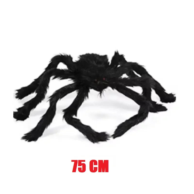 Large black spider toy with a measurement label on a white background