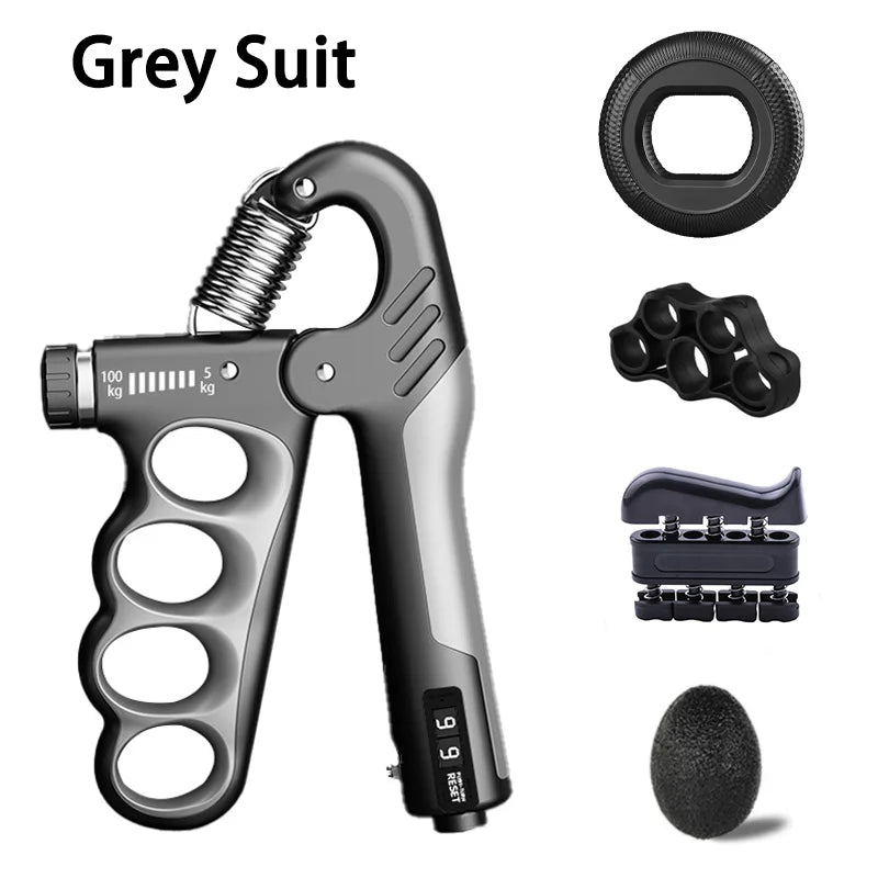 Hand grip strengthener with accessories on a white background