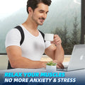 Man sitting at a desk with a laptop and mug, with text promoting muscle relaxation and stress relief.