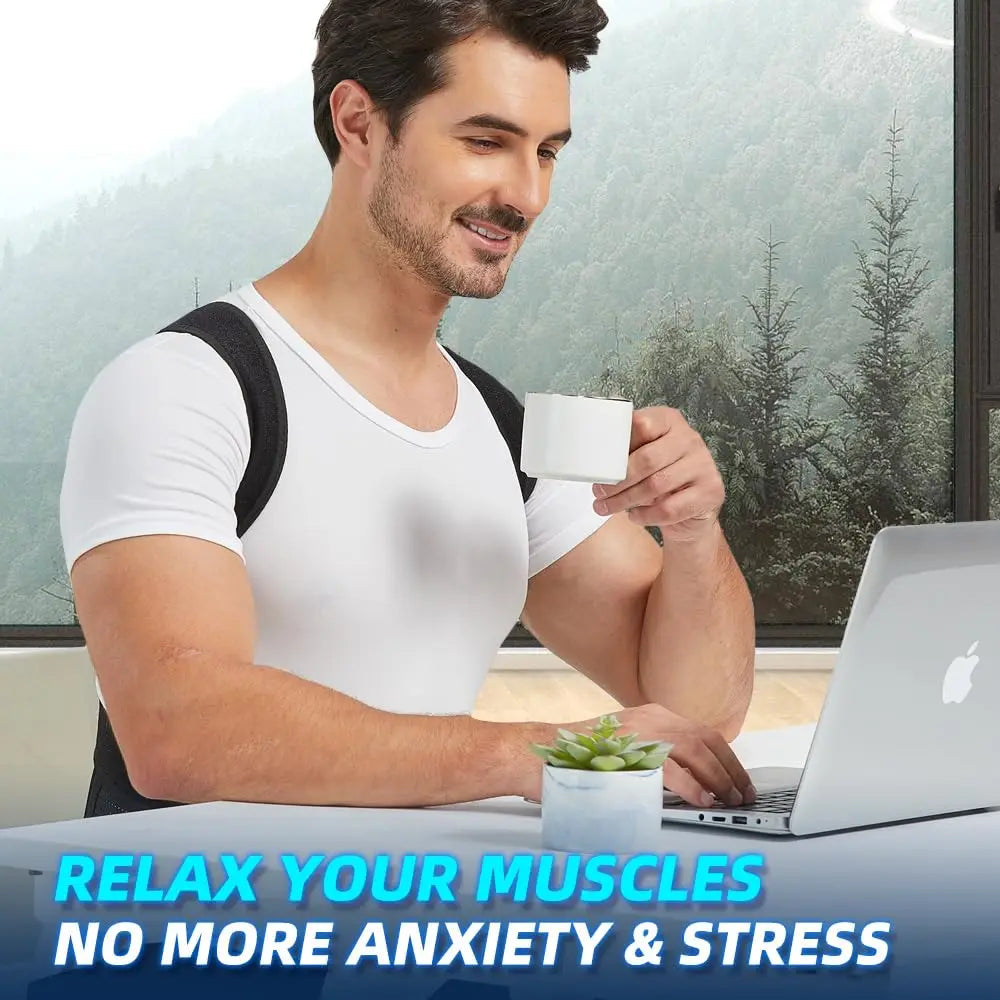 Man sitting at a desk with a laptop and mug, with text promoting muscle relaxation and stress relief.
