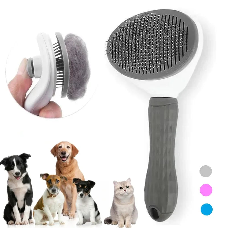A pet grooming brush with a white head, gray bristles, and a textured gray handle, shown on a white background with a circular inset of a hand using it, plus small photos of a dog, cat, and other dogs at the bottom and color swatches on the right.