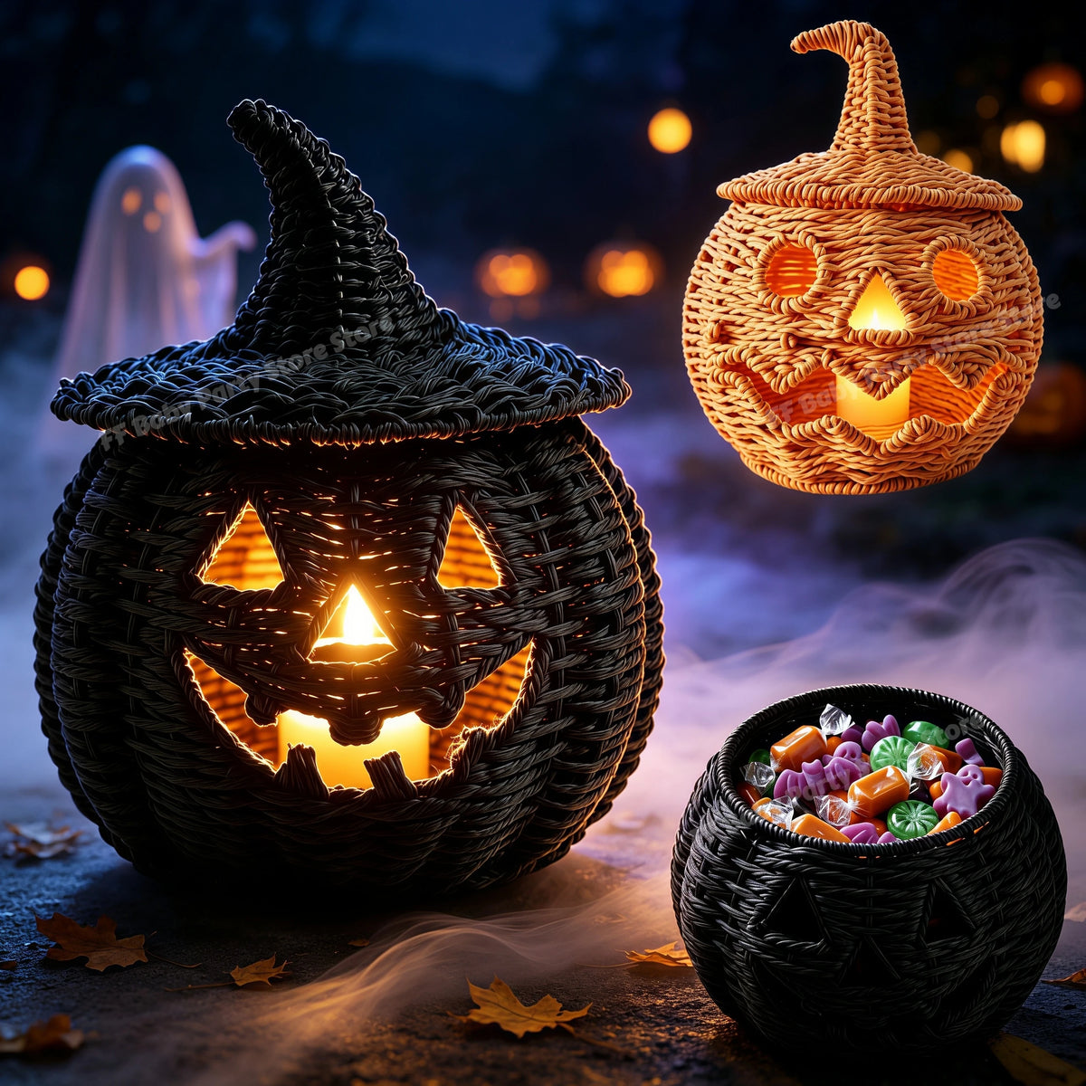 Three woven Halloween decorative items displayed together: a large black witch hat jack-o'-lantern lantern, a smaller orange jack-o'-lantern hanging lantern, and a black candy pot filled with colorful candies, set against a smoky nighttime outdoor scene with a ghost in the background.