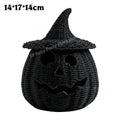 Black woven pumpkin lantern decoration with a pointed witch hat, shown on a white background with size text '14*17*14cm' in the top left.