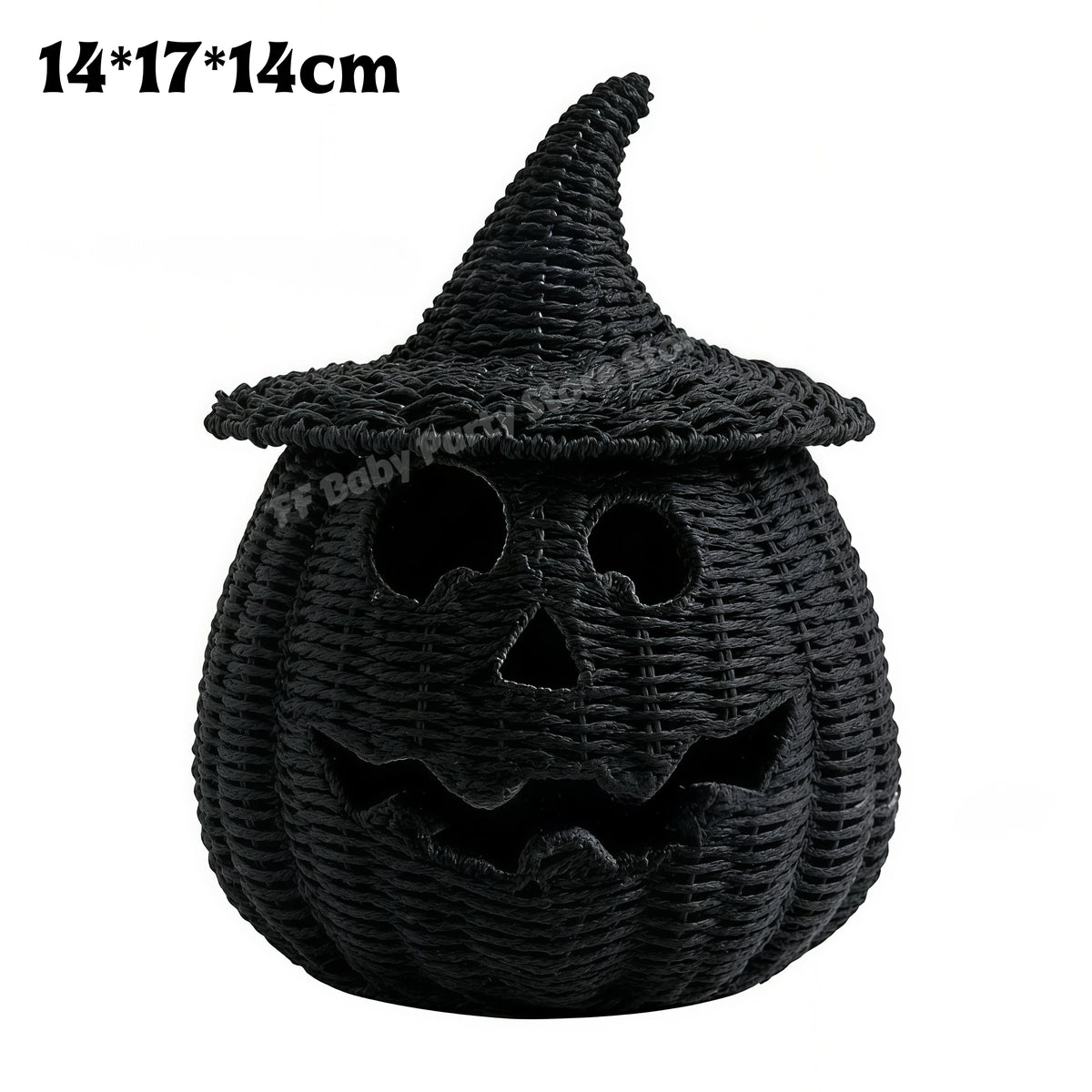 Black woven pumpkin lantern decoration with a pointed witch hat, shown on a white background with size text '14*17*14cm' in the top left.