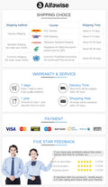 Alfawise product page with shipping options, warranty, service, and payment methods.