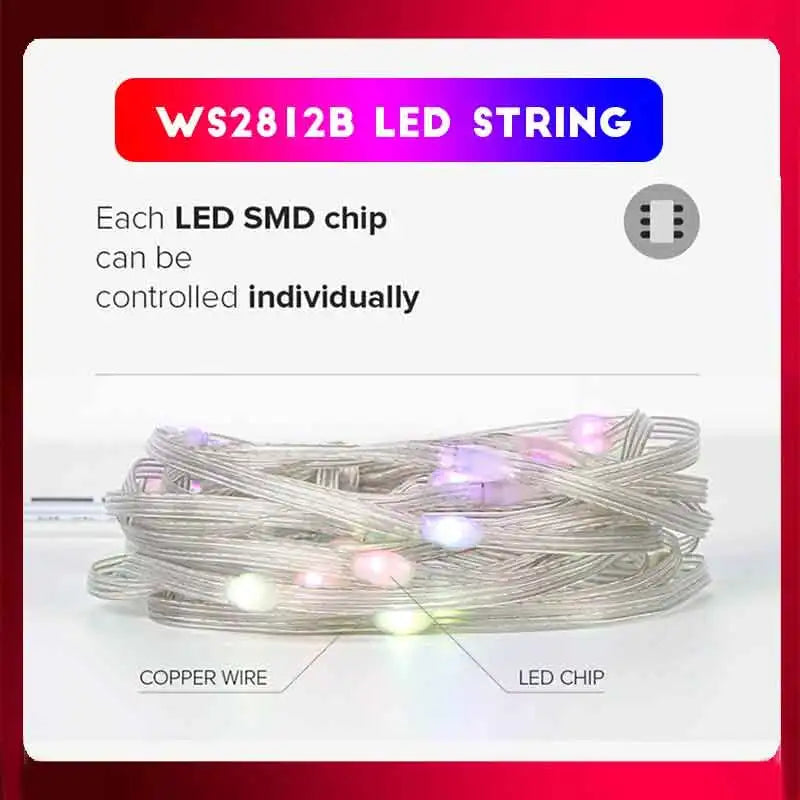 WS2812B LED string with copper wire and LED chips on a white background