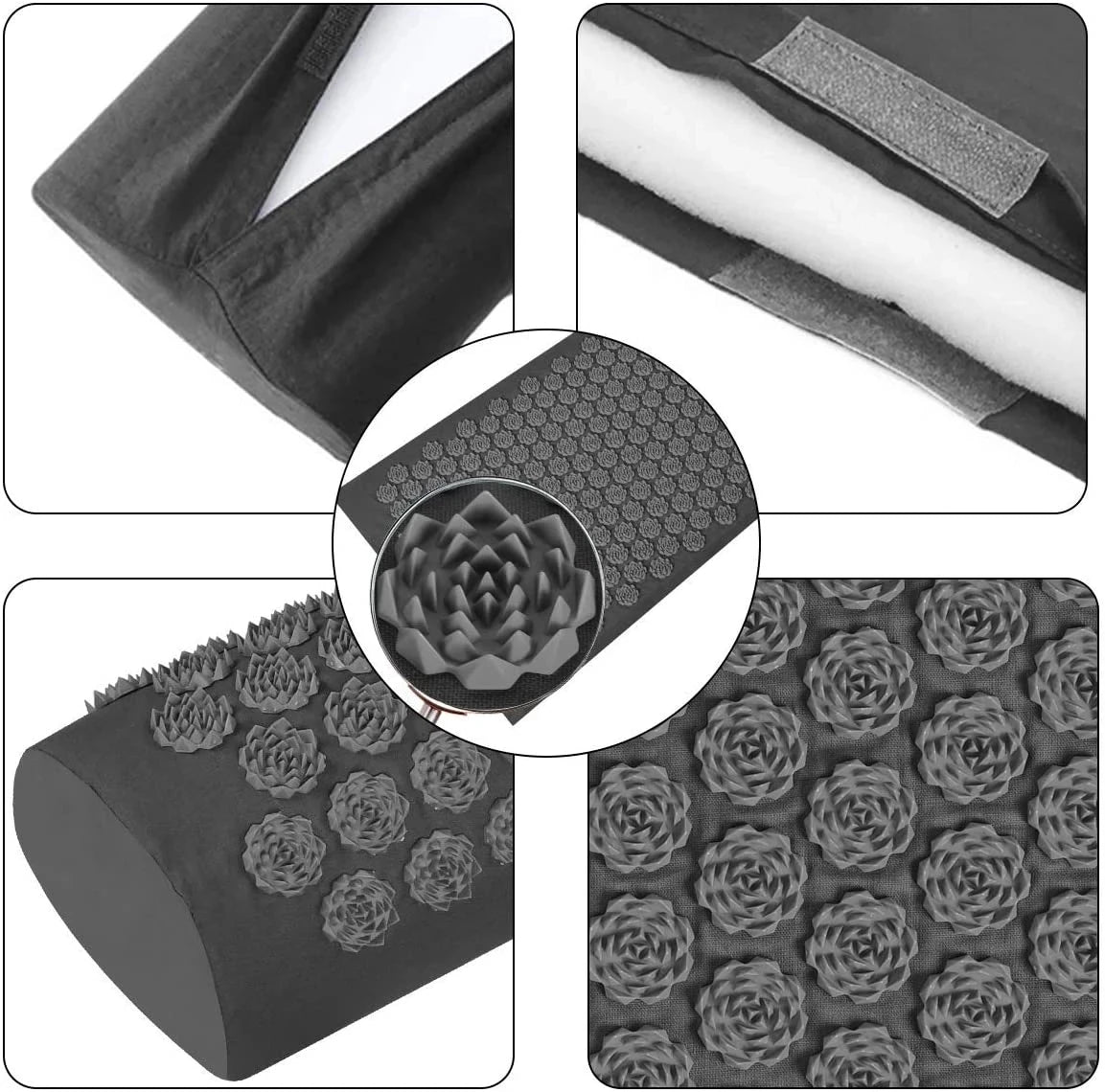 Collage of a black textured mat with close-up details on a white background