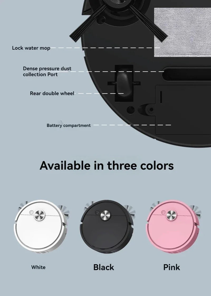 Diagram of a robot vacuum cleaner with color options displayed below.
