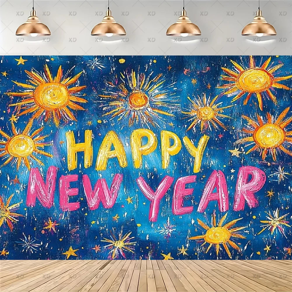 A festive New Year party backdrop featuring a dark blue textured background decorated with colorful yellow suns, white stars, and the words 'HAPPY NEW YEAR' in bold yellow and pink lettering. The backdrop is shown hanging in a room mockup with a light gray wall, hanging copper dome pendant lights, and a light wood floor.