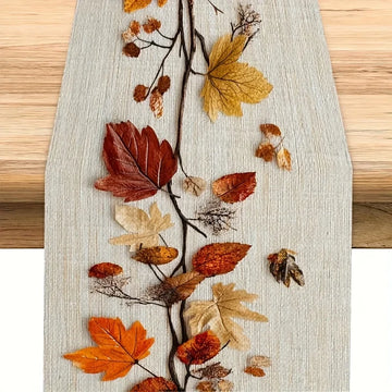 1 Autumn Fallen Leaf Themed Table Runner, Natural Dried Leaves and Vine Collage Design, Suitable for Autumn Family Gatherings, Pastoral Cafe Decoration, Natural Aesthetics Studio Layout, Thanksgiving Party, Autumn Scenery Sof