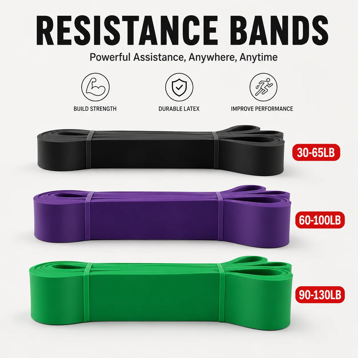 Three resistance bands in black, purple, and green with weight ranges on a white background.