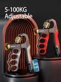Two adjustable hand grip exercisers with digital display on a dark background