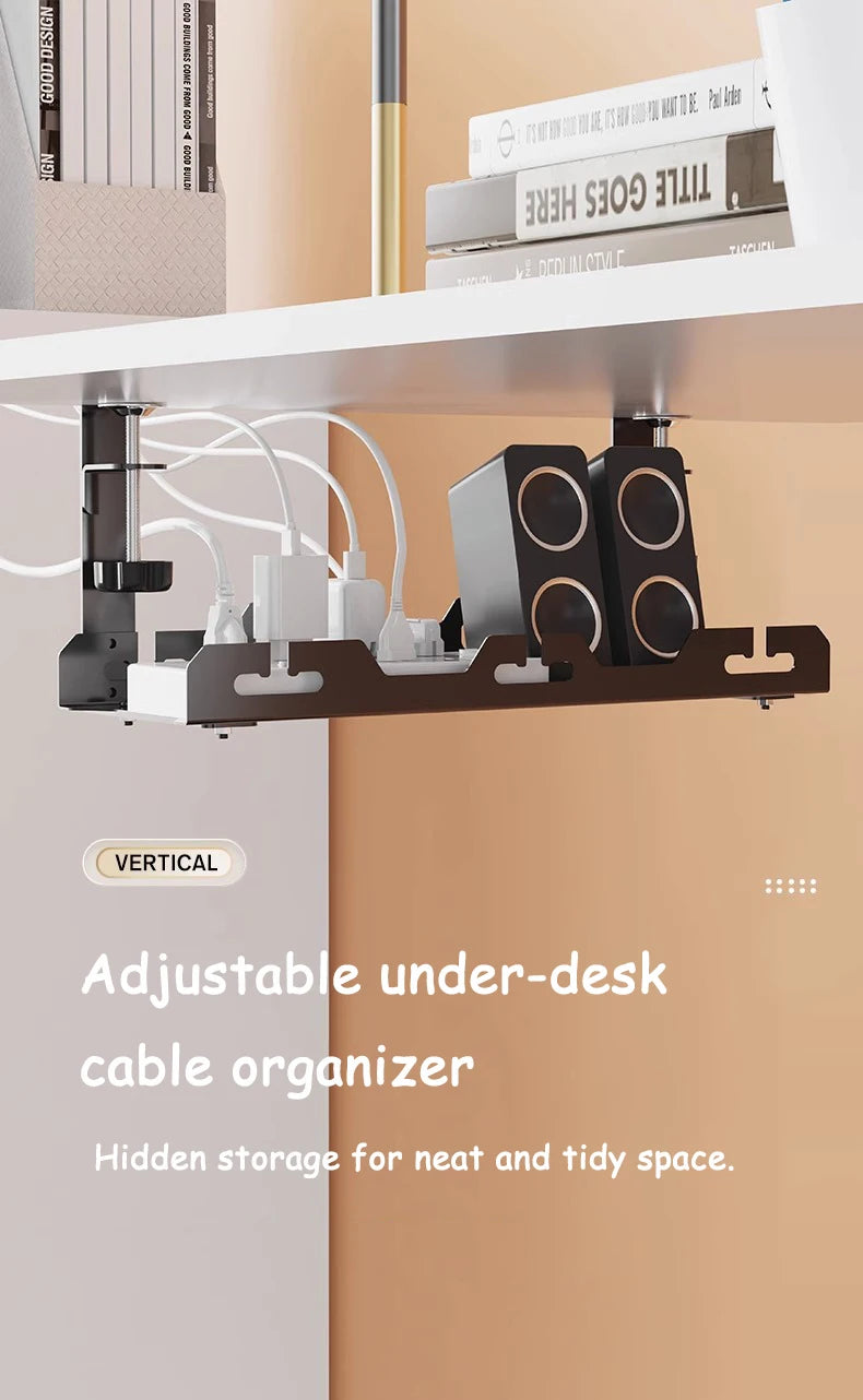 Adjustable under-desk cable organizer with books on a shelf in the background
